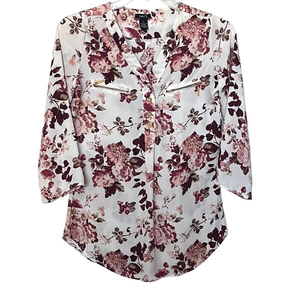 RUE 21 LONG SLV PULL-OVER BLOUSE, WOMENS, S, WHITE WITH BURGUNDY & PINK FLORAL - Picture 1 of 11